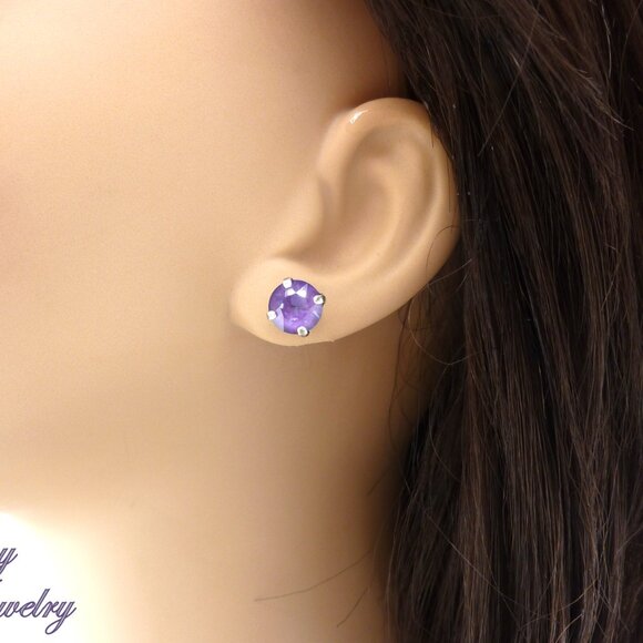 Amethyst Ignite Purple Genuine Austrian Crystal Gold Plated Stud Earrings - Picture 6 of 7